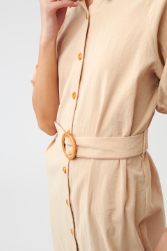 womens tan button down belt modest dress